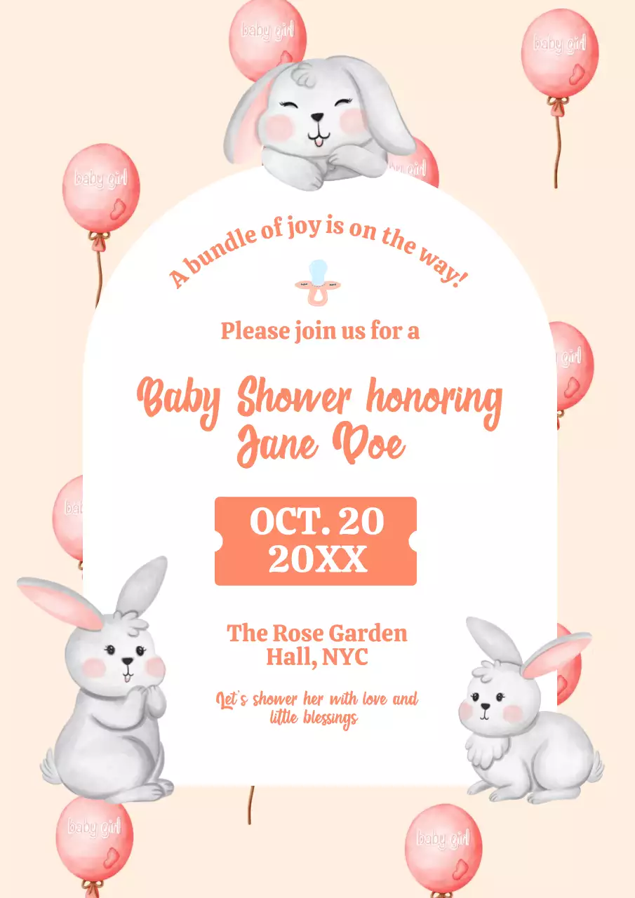 Peach Bunny Baby Shower Invitation