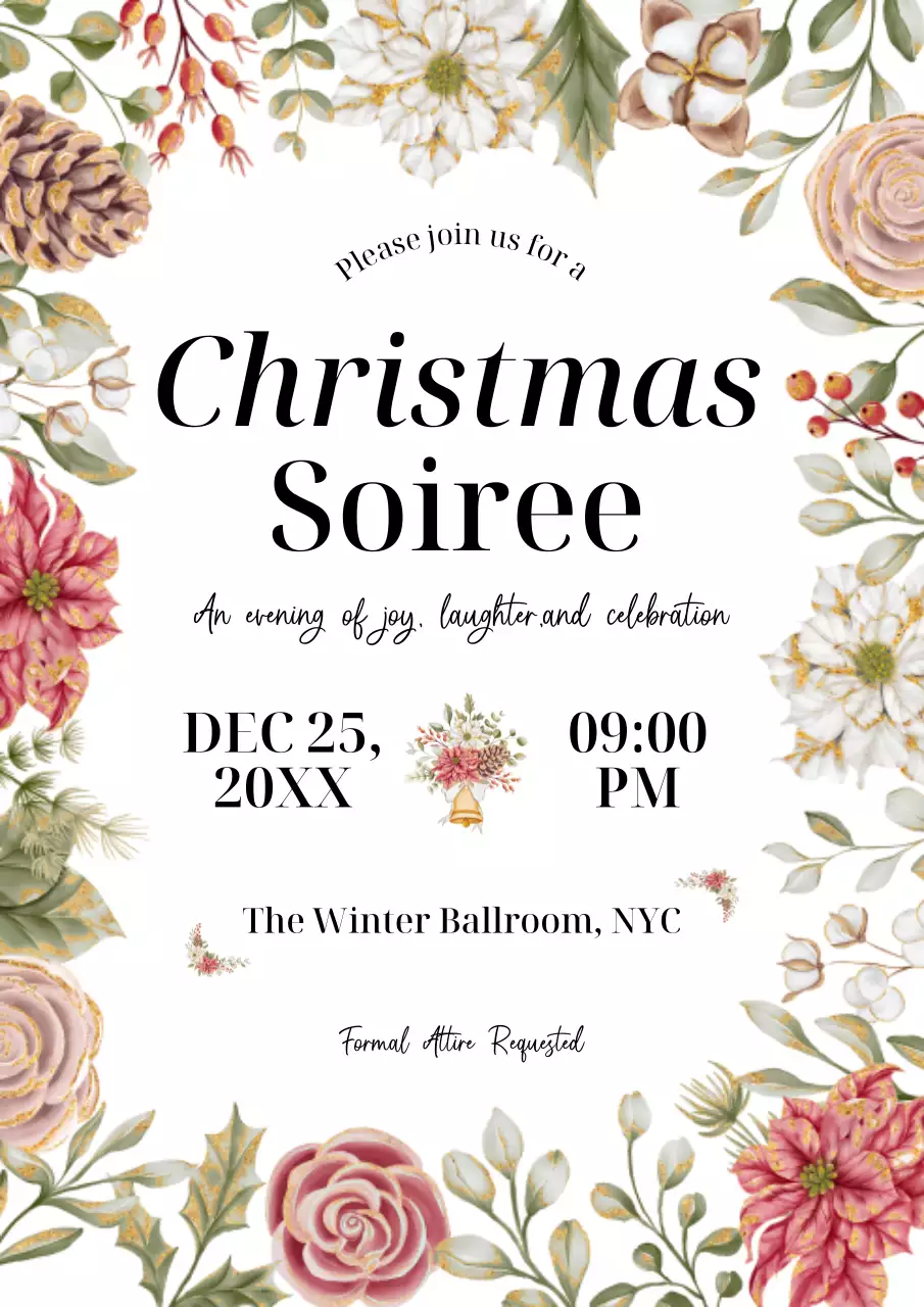 Red Elegant Floral Christmas Soiree Invitation