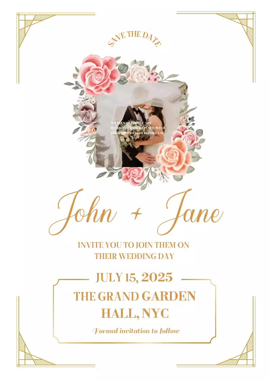 Pink Elegant Save the Date Wedding Invitation with Blush Roses and Gold Border Invitation