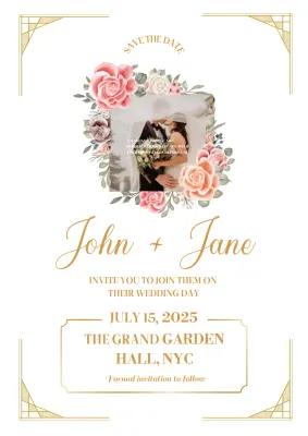 Pink Elegant Save the Date Wedding Invitation with Blush Roses and Gold Border Invitation