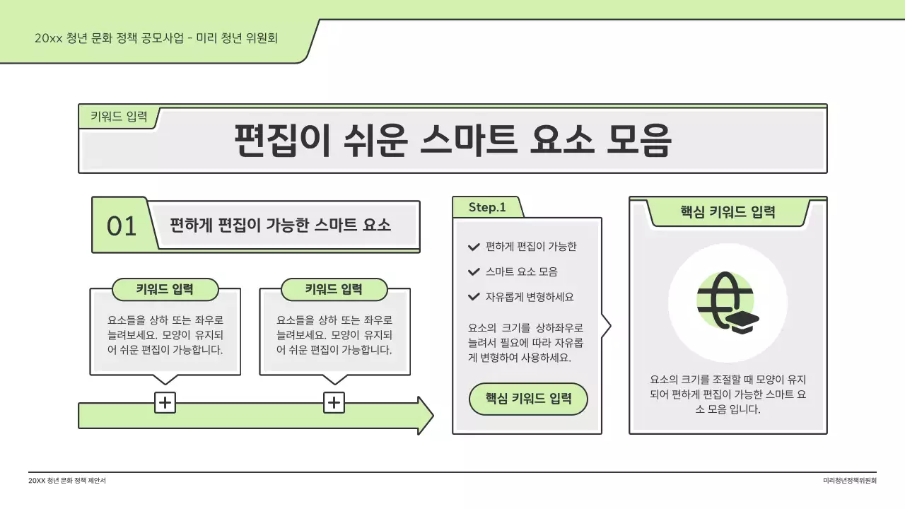 연두색의 깔끔한 일러스트와 인덱스 포인트 도형의 정책 제안서