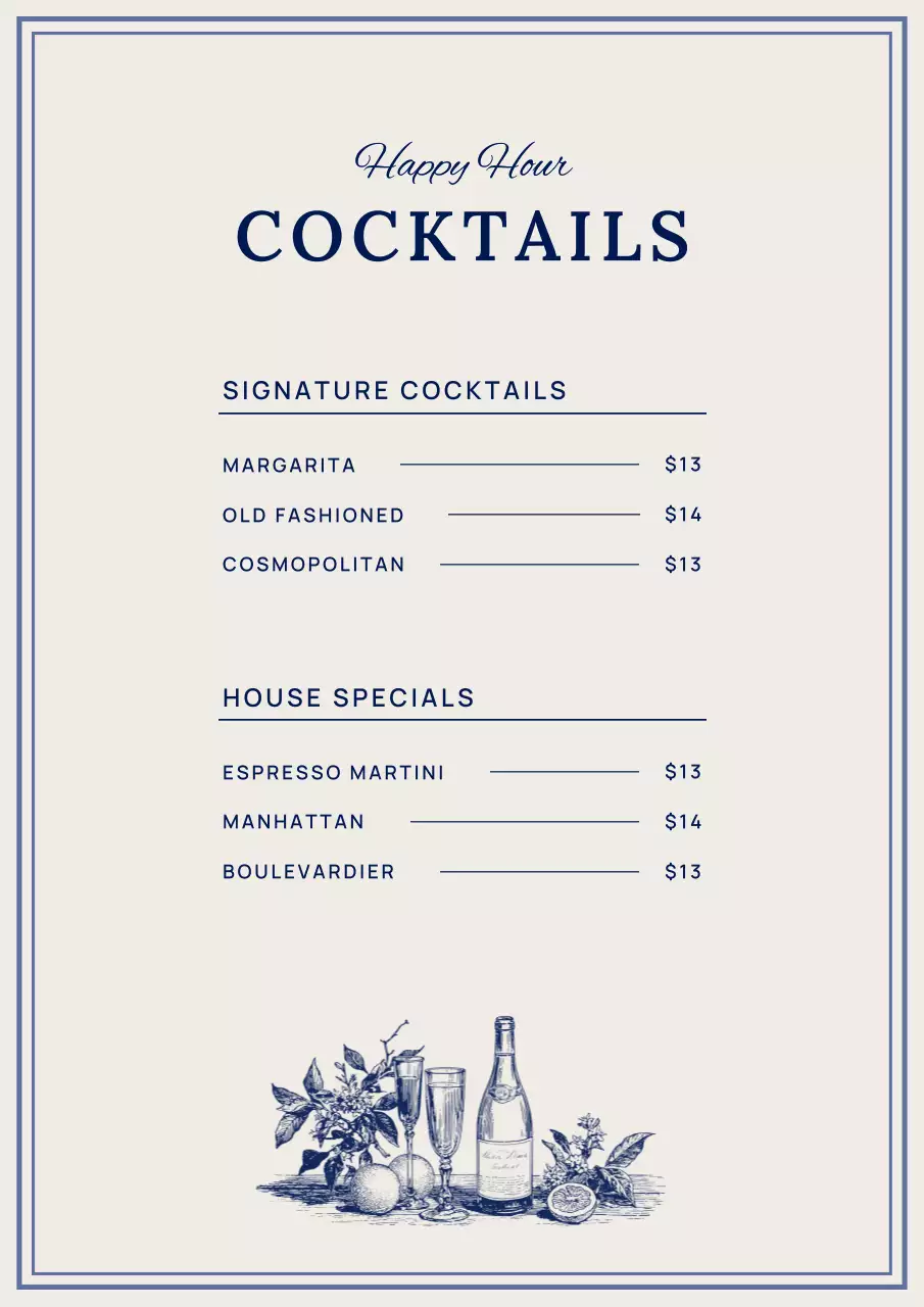 Blue Vintage Cocktail Menu
