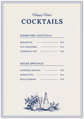 Blue Vintage Cocktail Menu
