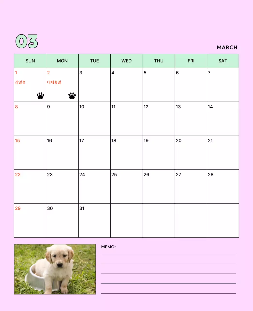 베이지 아기자기한 반려동물 달력