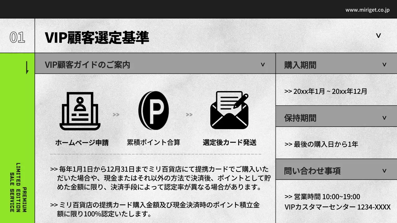 黒と白と緑のデパートVIP特典案内プレゼンテーション