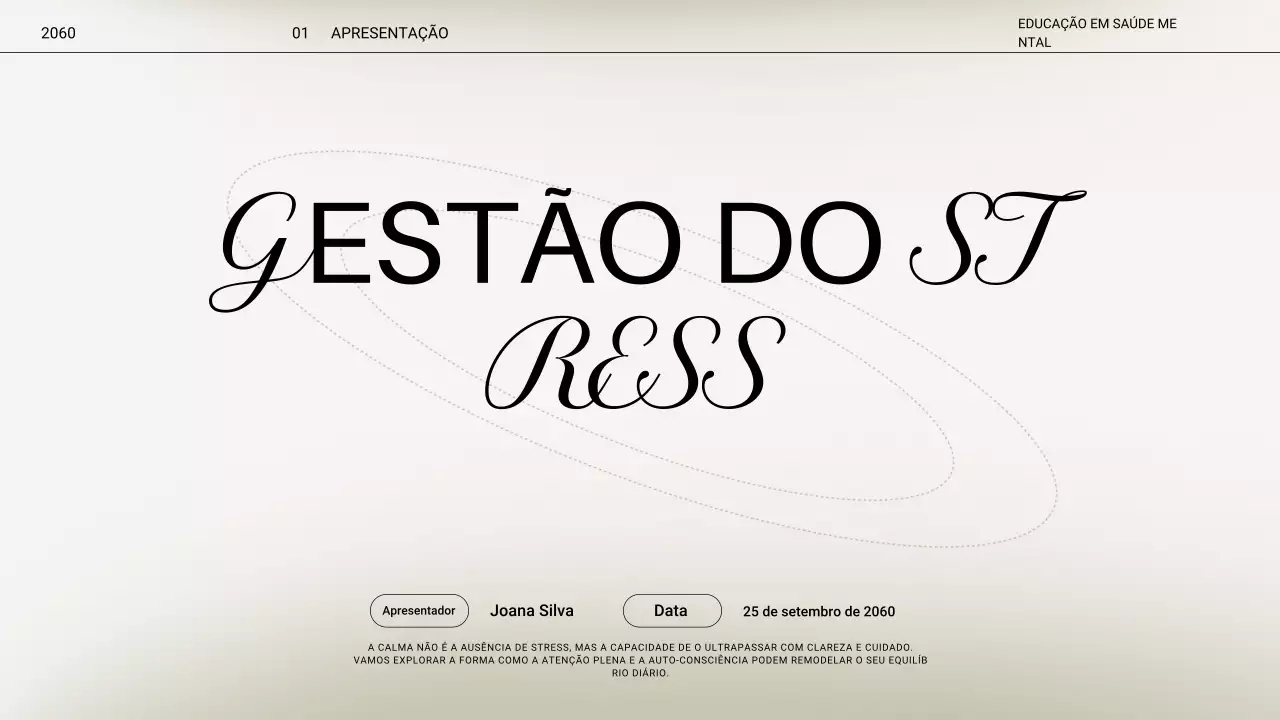 Apresentação da palestra sobre estresse mínimo em tons de bege