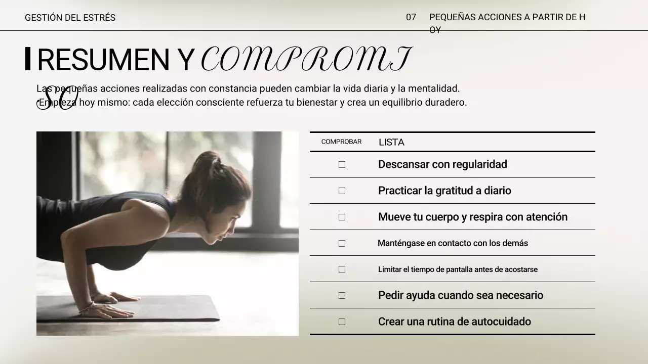 Presentación de la conferencia sobre el estrés mínimo en color beige