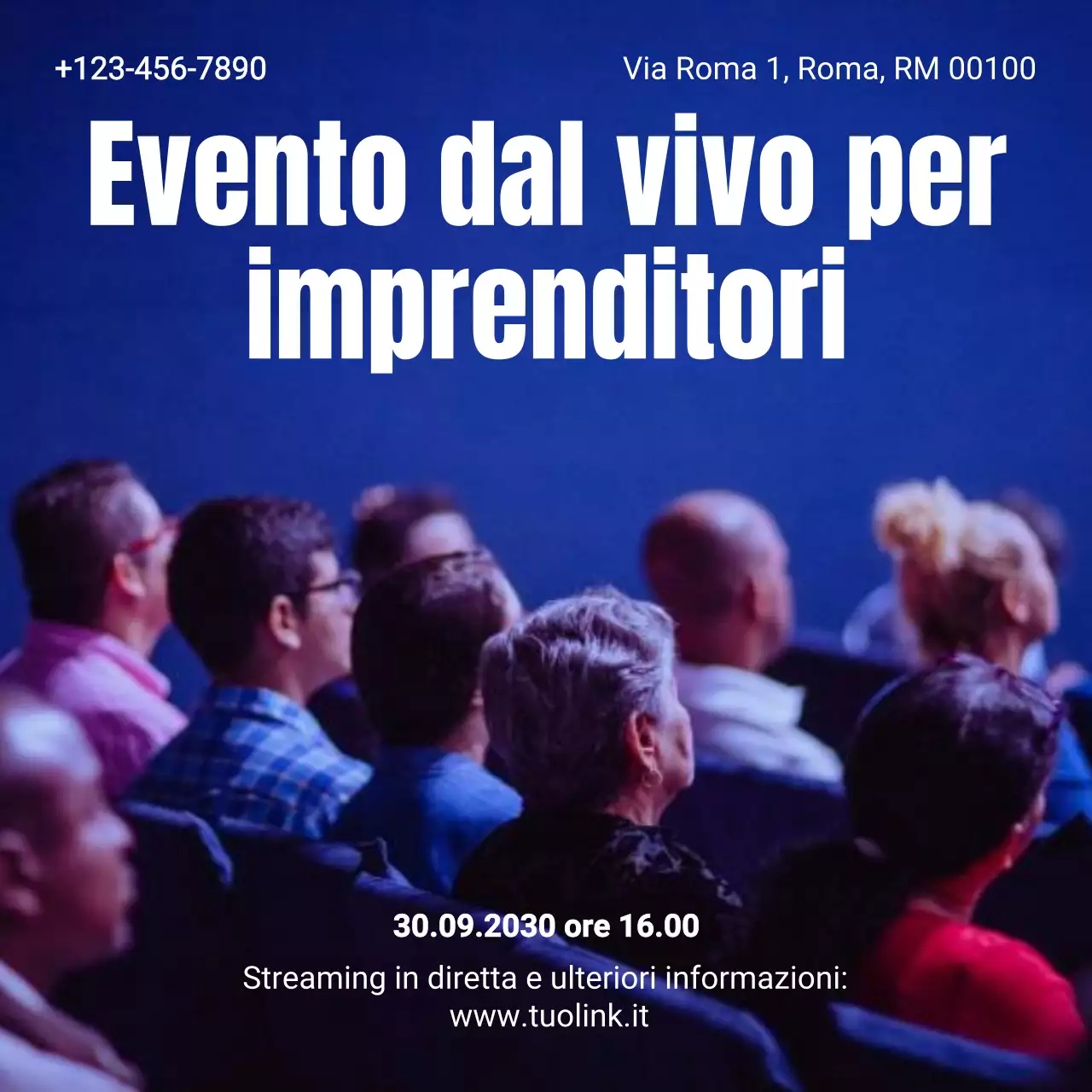 Annuncio dell'evento per imprenditori professionisti blu