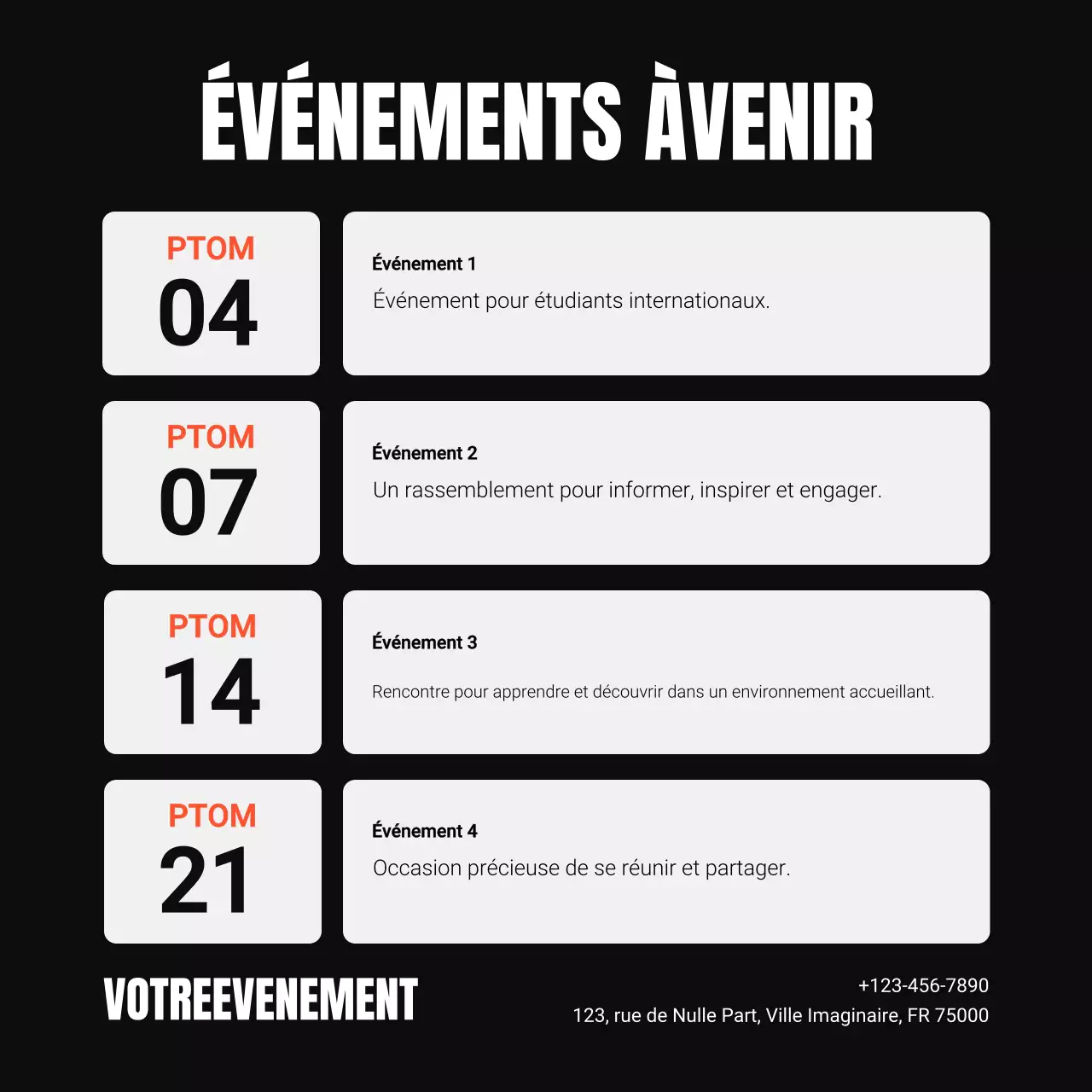 Calendrier d'événements moderne en noir et blanc