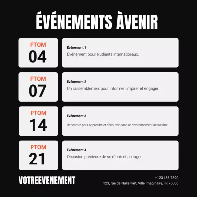 Calendrier d'événements moderne en noir et blanc