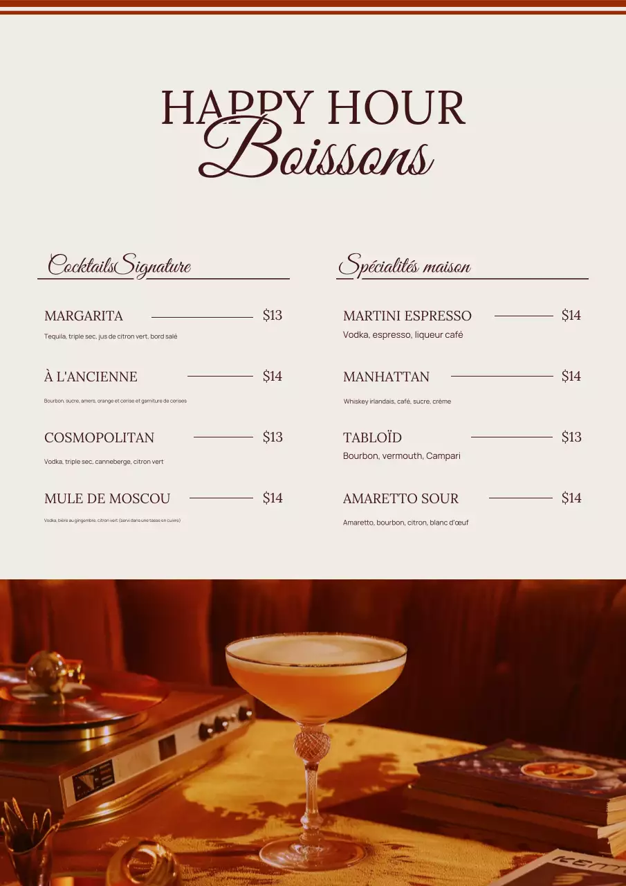 Carte des cocktails Beige Vintage