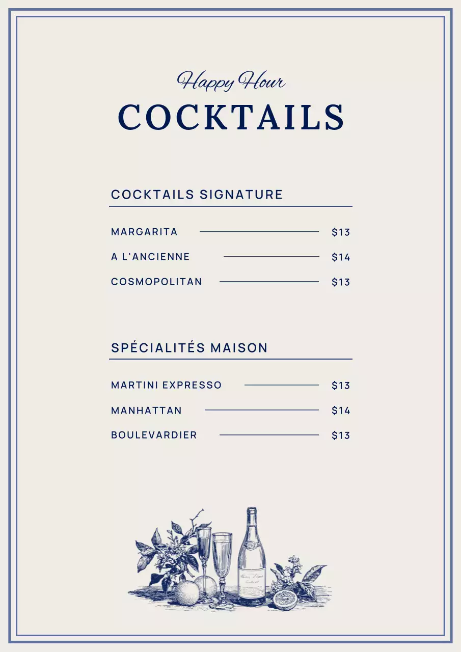 Carte des cocktails Blue Vintage