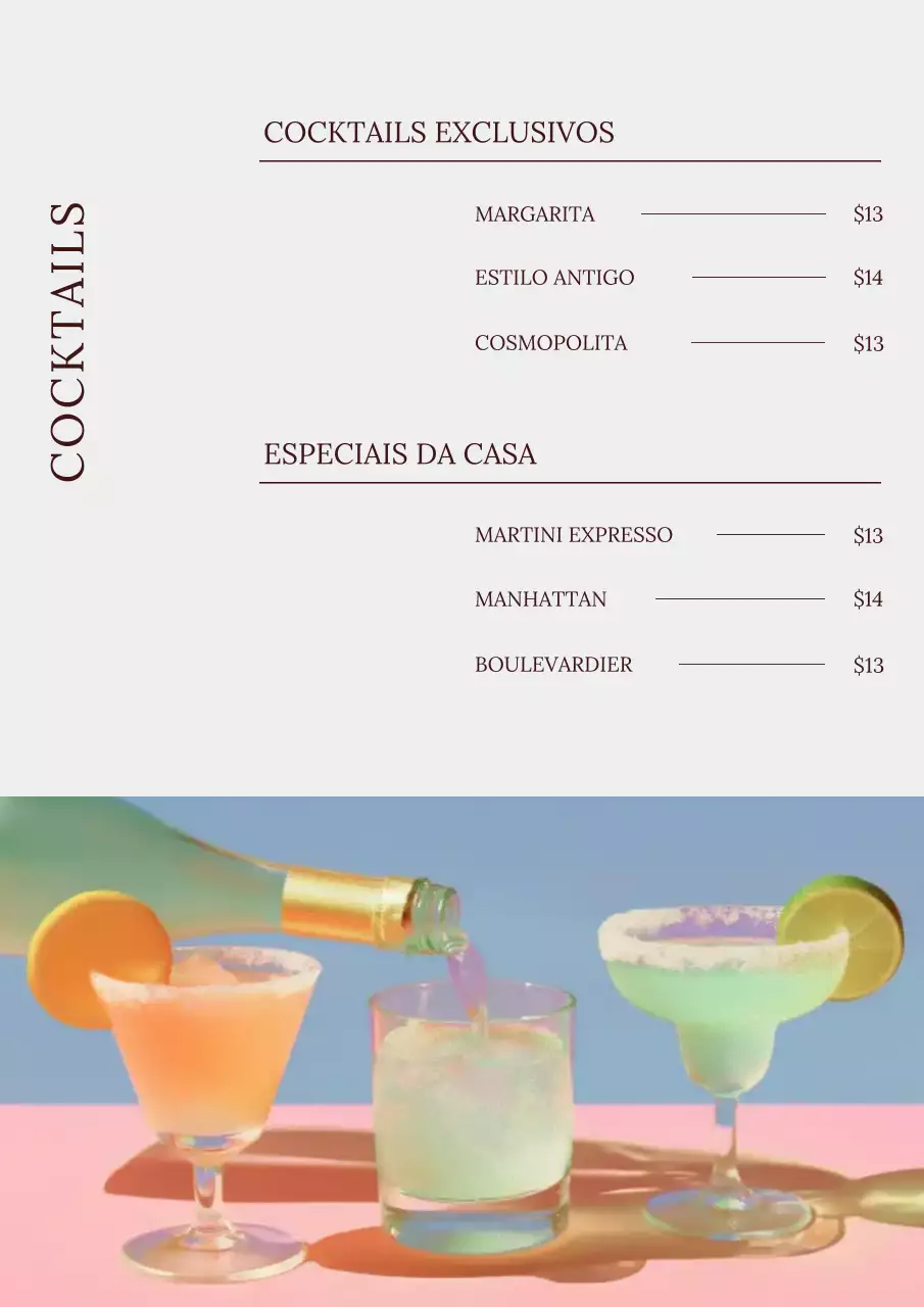 Menu de Coquetéis Modernos em Tons de Bege