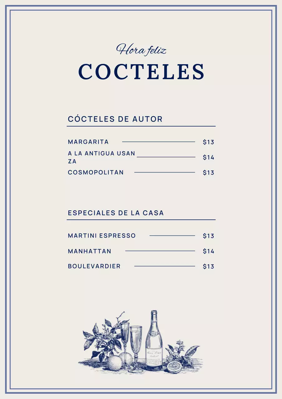 Menú de cócteles Blue Vintage