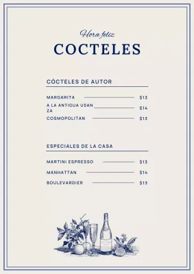 Menú de cócteles Blue Vintage