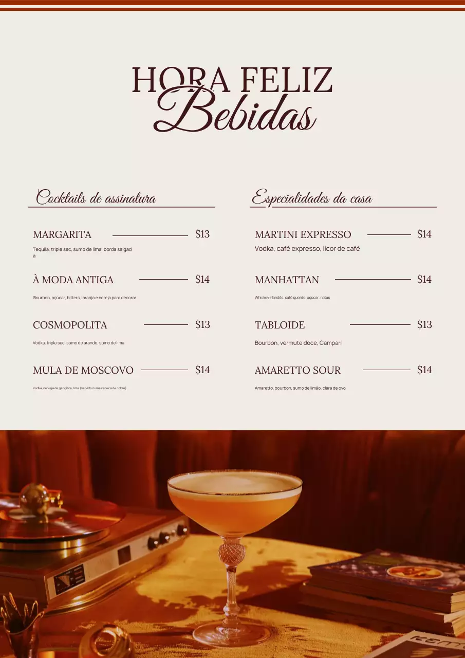 Menu de Coquetéis Vintage Bege