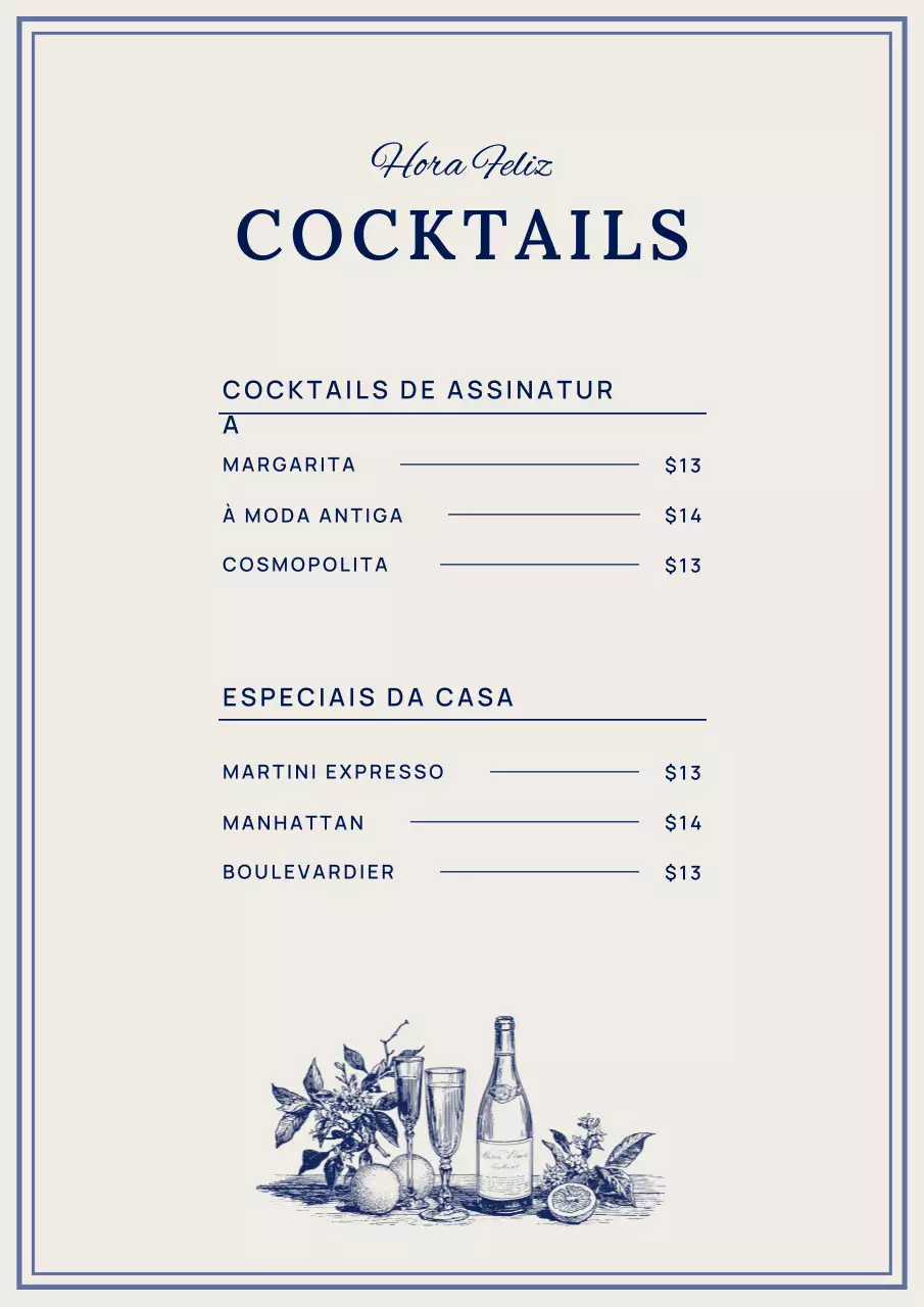 Menu de Coquetéis Vintage Azul