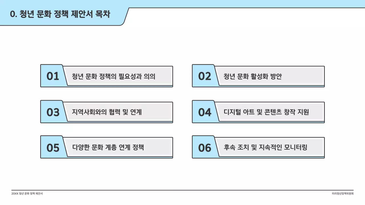 하늘색의 깔끔한 일러스트와 인덱스 포인트 도형의 정책 제안서