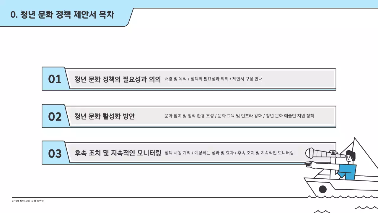 하늘색의 깔끔한 일러스트와 인덱스 포인트 도형의 정책 제안서