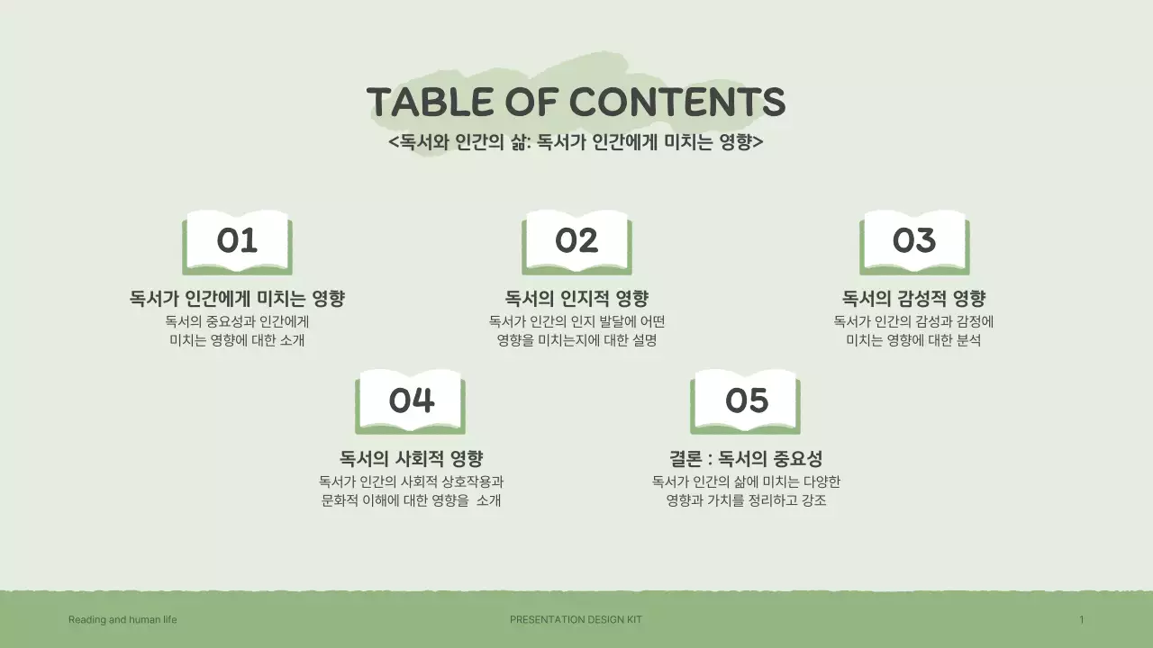 갈색과 초록색의 감성적인 손그림 책 일러스트의 프레젠테이션 키트