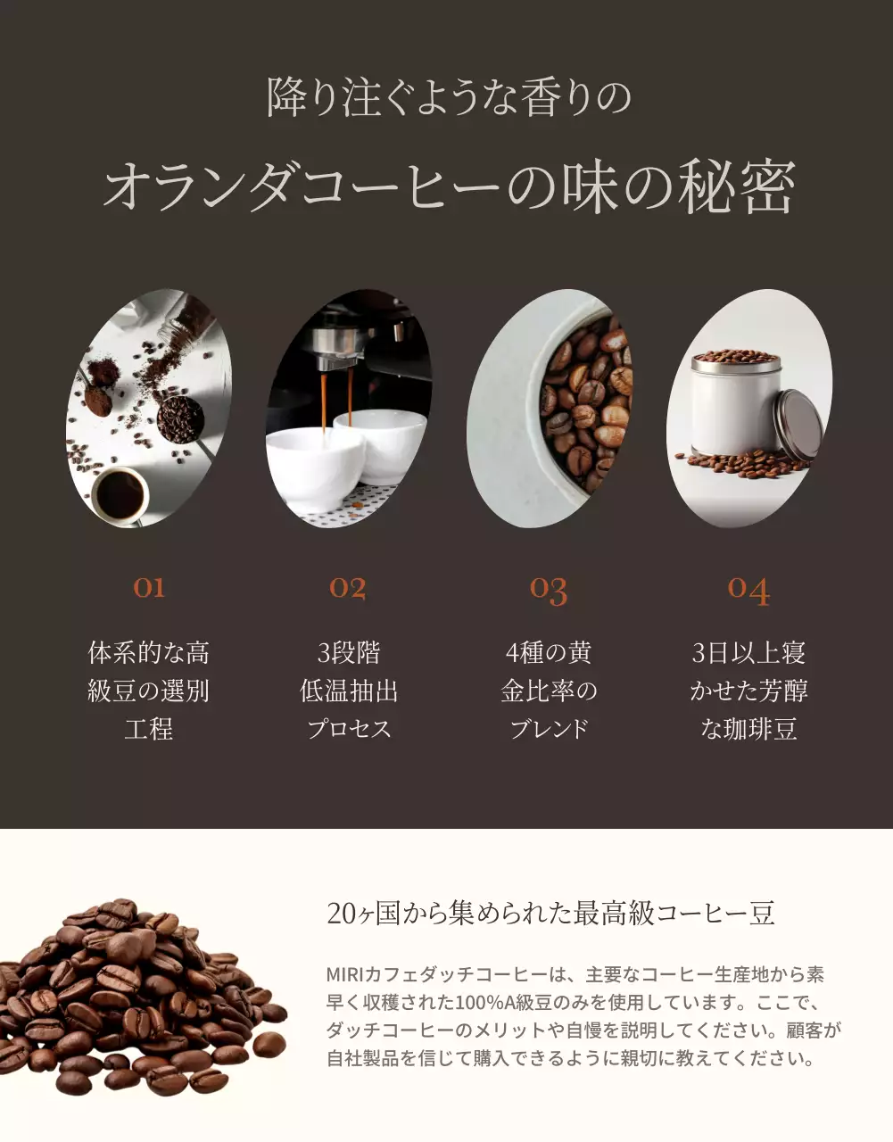 茶色い背景のモダンなダッチコーヒー広報