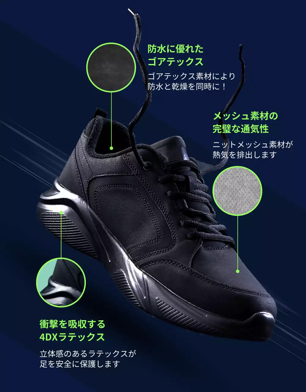 ネイビーと蛍光色のスポーティーでタフなスポーツアウトドアスニーカー。