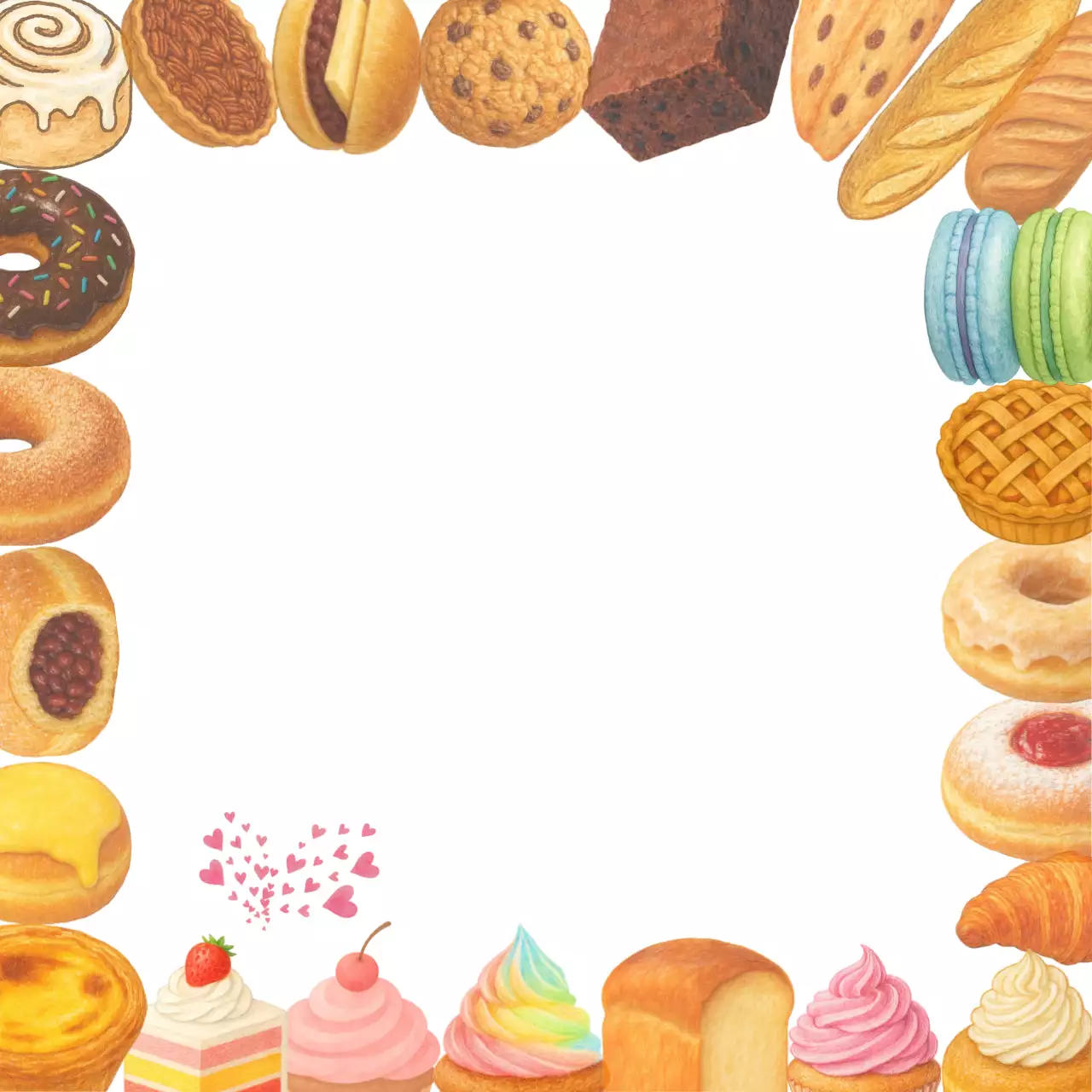 무지개 빛처럼 다양한 달콤하고 부드러운 베이커리