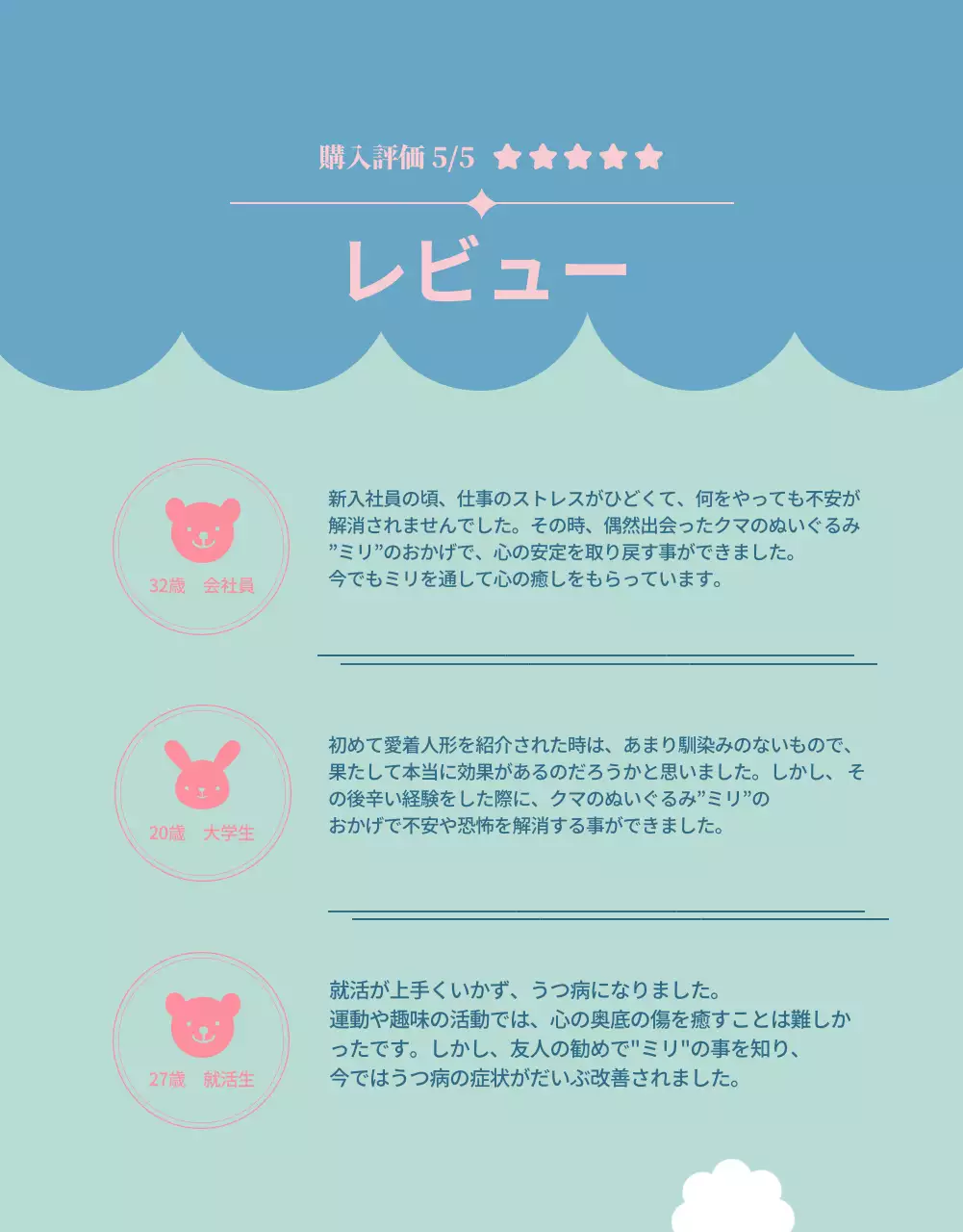 ピンクと水色の可愛らしい人形のファンディング紹介書