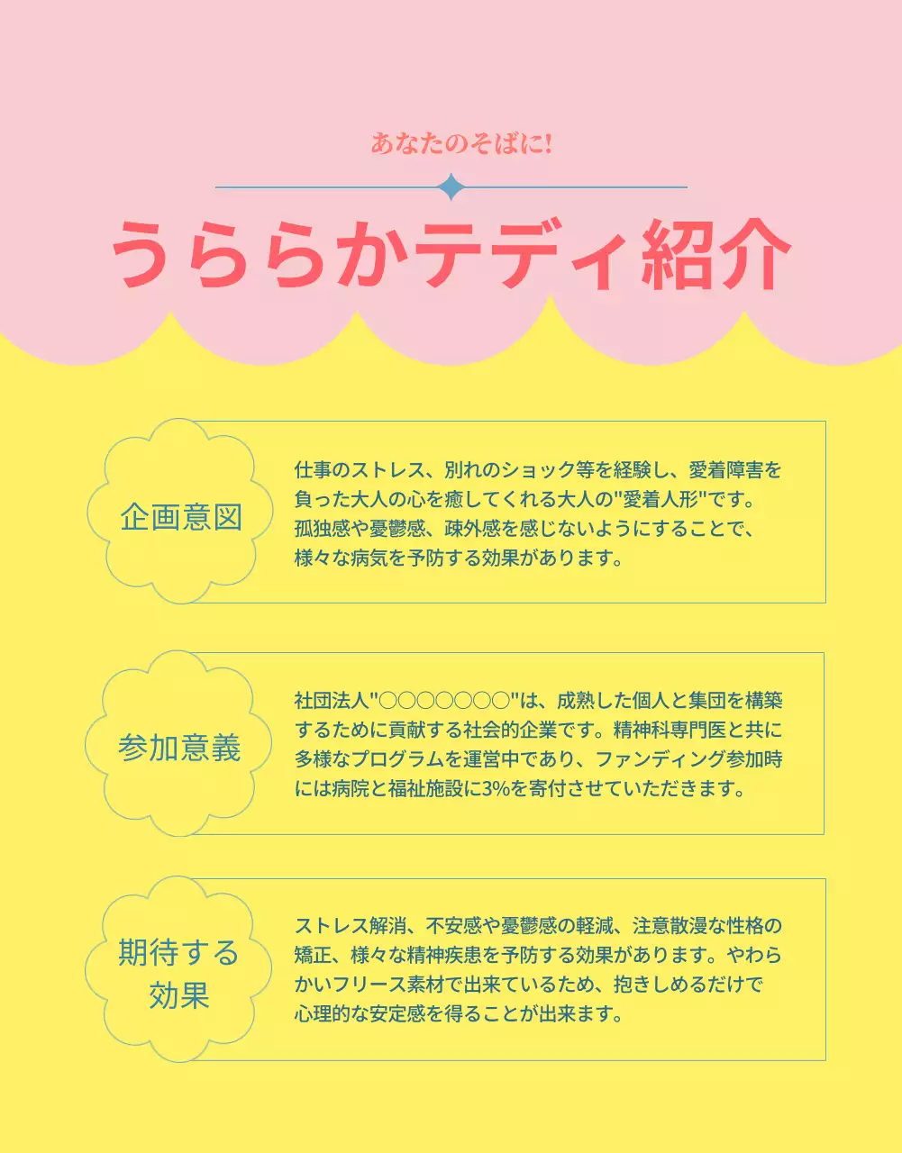 ピンクと水色の可愛らしい人形のファンディング紹介書