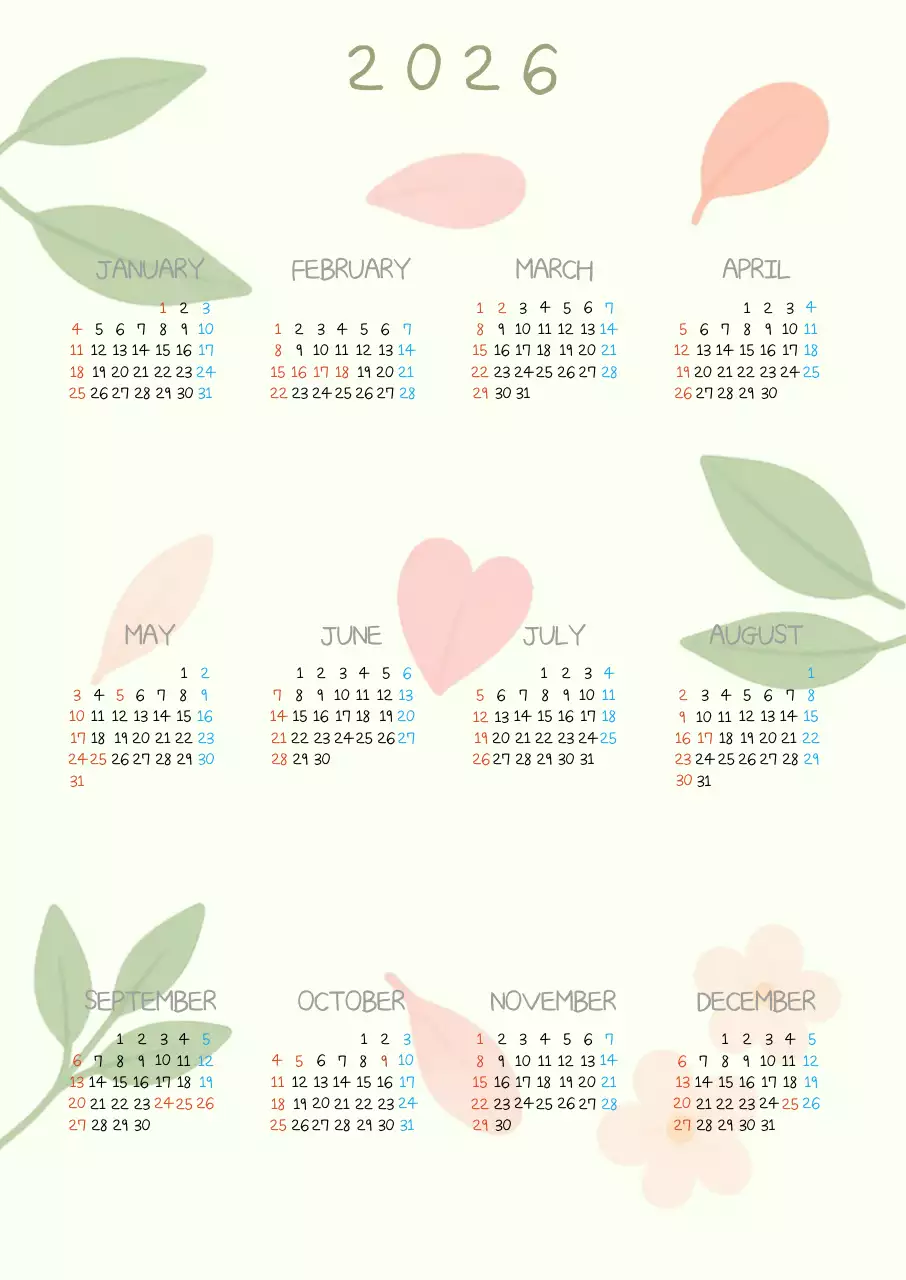 2026 아이보리 자연 달력 감성 캘린더