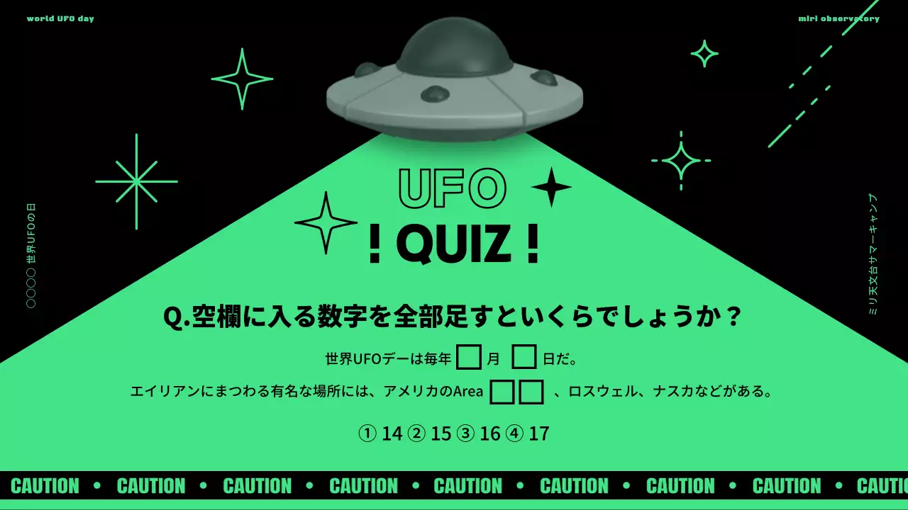 黒の背景にボラと緑でポイントをつけた世界UFOの日のご紹介