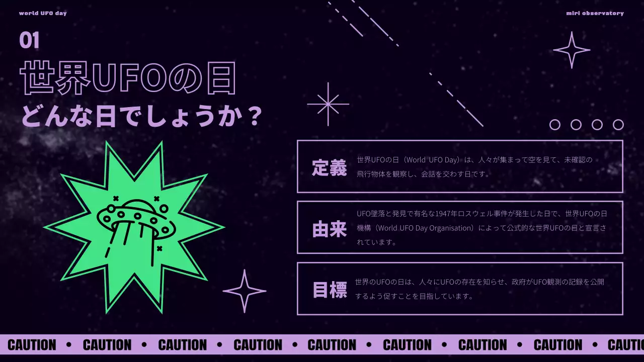 黒の背景にボラと緑でポイントをつけた世界UFOの日のご紹介