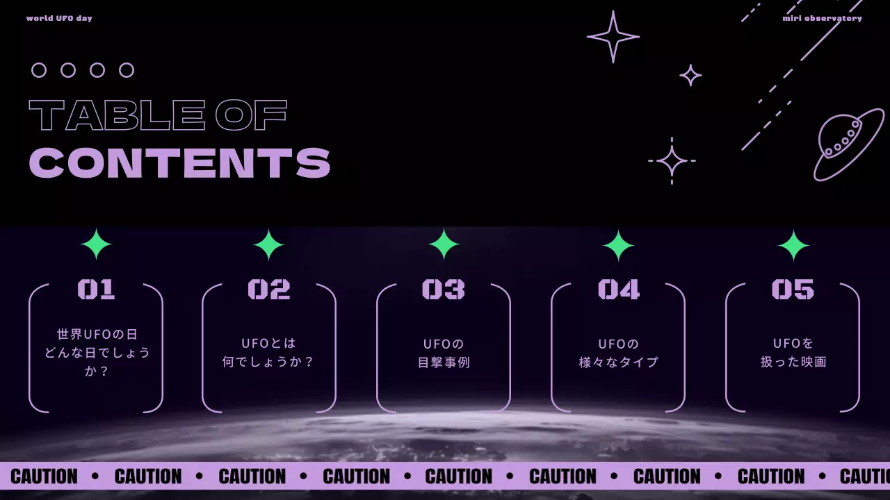 黒の背景にボラと緑でポイントをつけた世界UFOの日のご紹介