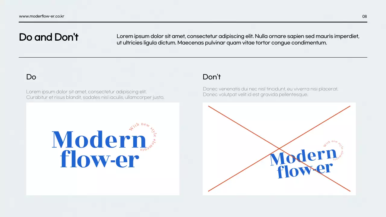 A clean red-and-blue brand guide presentation