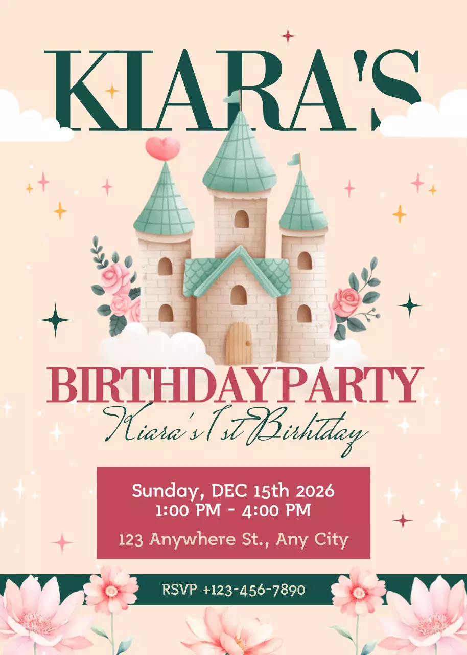 Thiệp mời tiệc sinh nhật Pink Cute Fantasy Kingdom