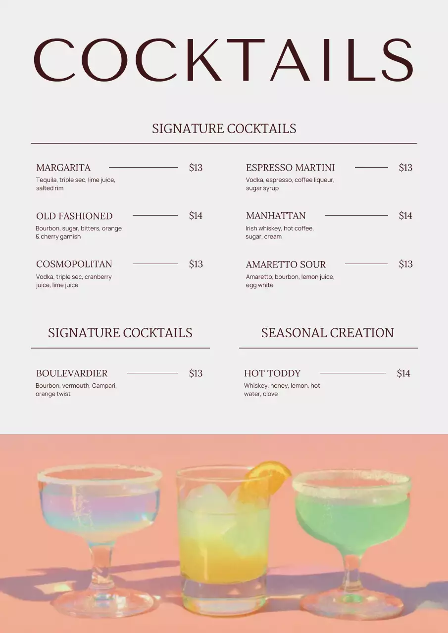 Pink Modern Cocktail Menu