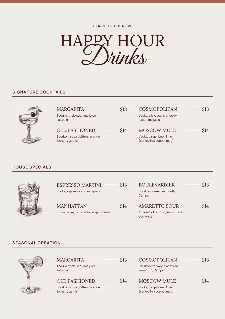 Beige Vintage Cocktail Menu