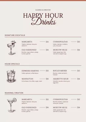 Beige Vintage Cocktail Menu