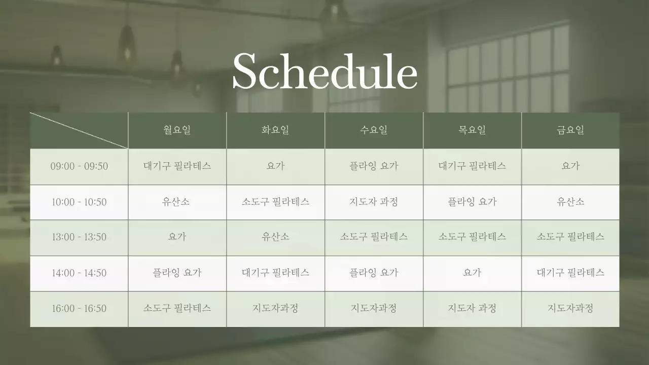 초록색과 연두색의 미니멀한 필라테스 소개서