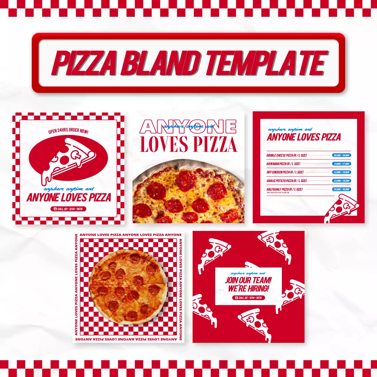 Red checkerboard hip concept pizza brand layout bundle pack