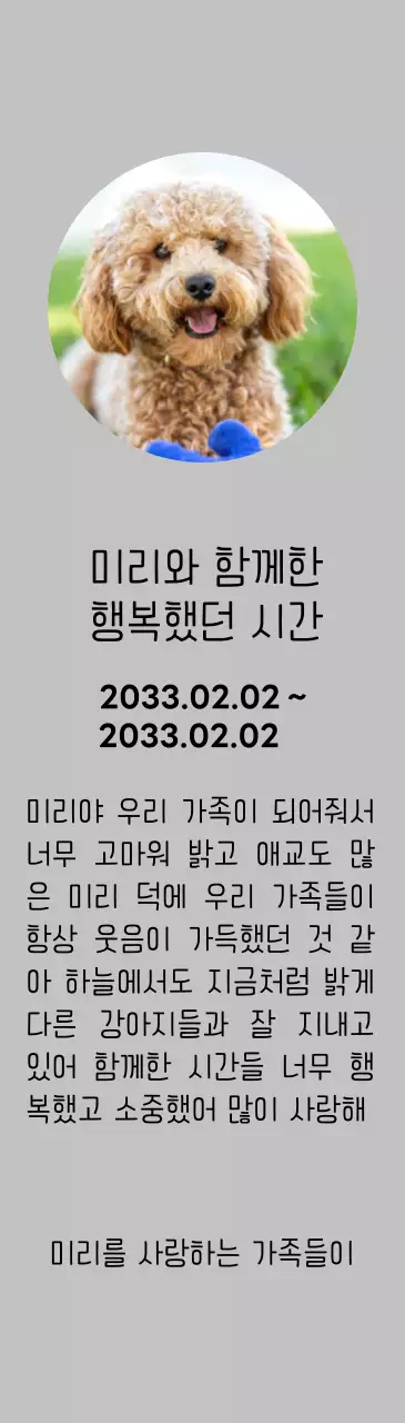 강아지 사진과 손글씨체가 있는 위패