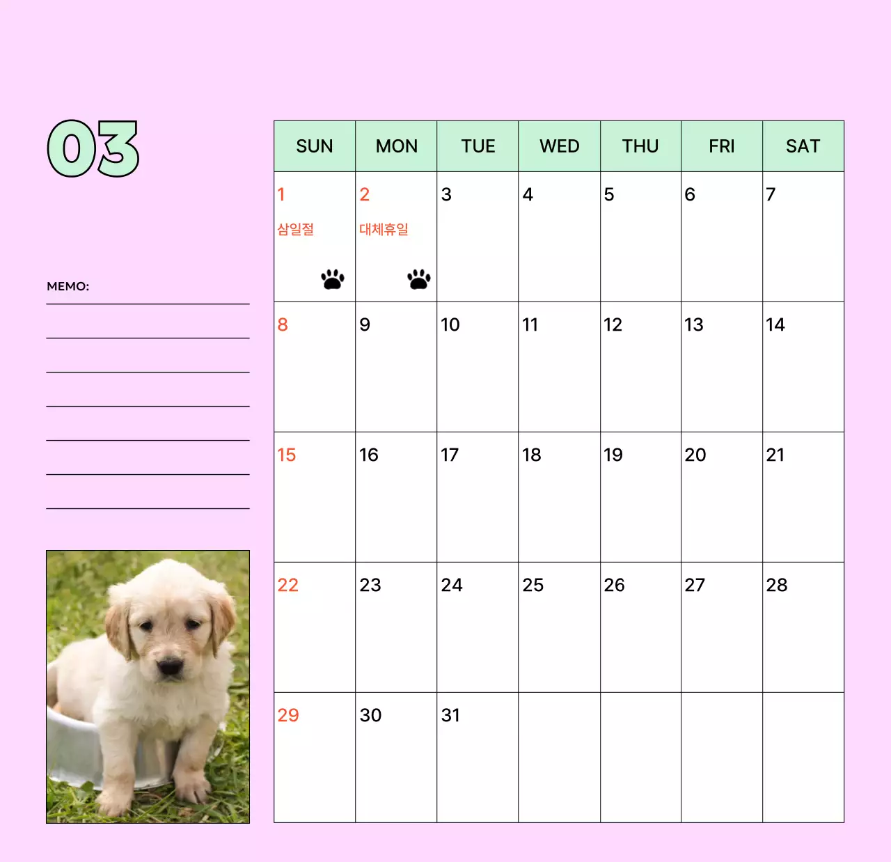 베이지 아기자기한 반려동물 달력