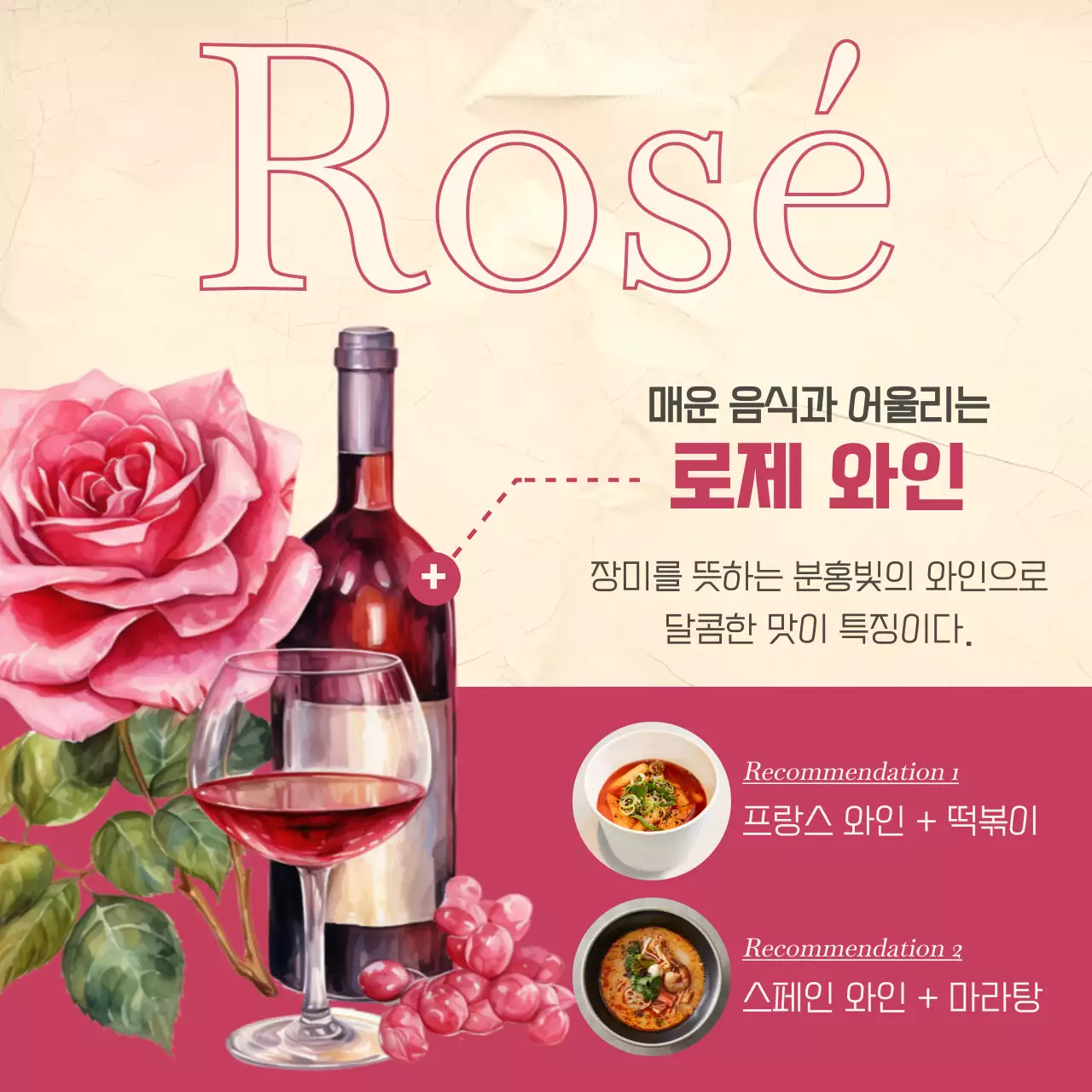 빨강과 카키색으로 강조된 빈티지한 와인 페어링 정보 게시글