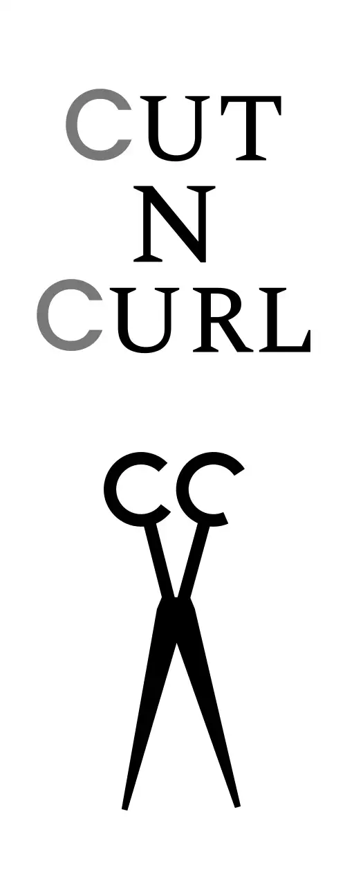 흰색과 검정색의 컷앤컬 헤어샵 텍스트와 가위 일러스트로 이루어진 클래식한 느낌의 매장 간판