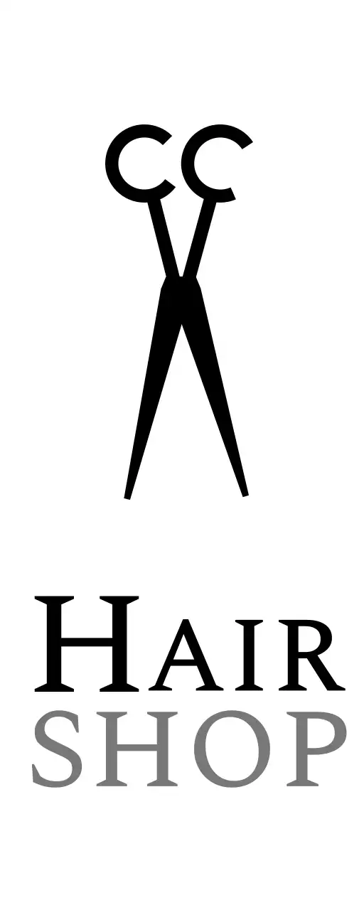 흰색과 검정색의 컷앤컬 헤어샵 텍스트와 가위 일러스트로 이루어진 클래식한 느낌의 매장 간판