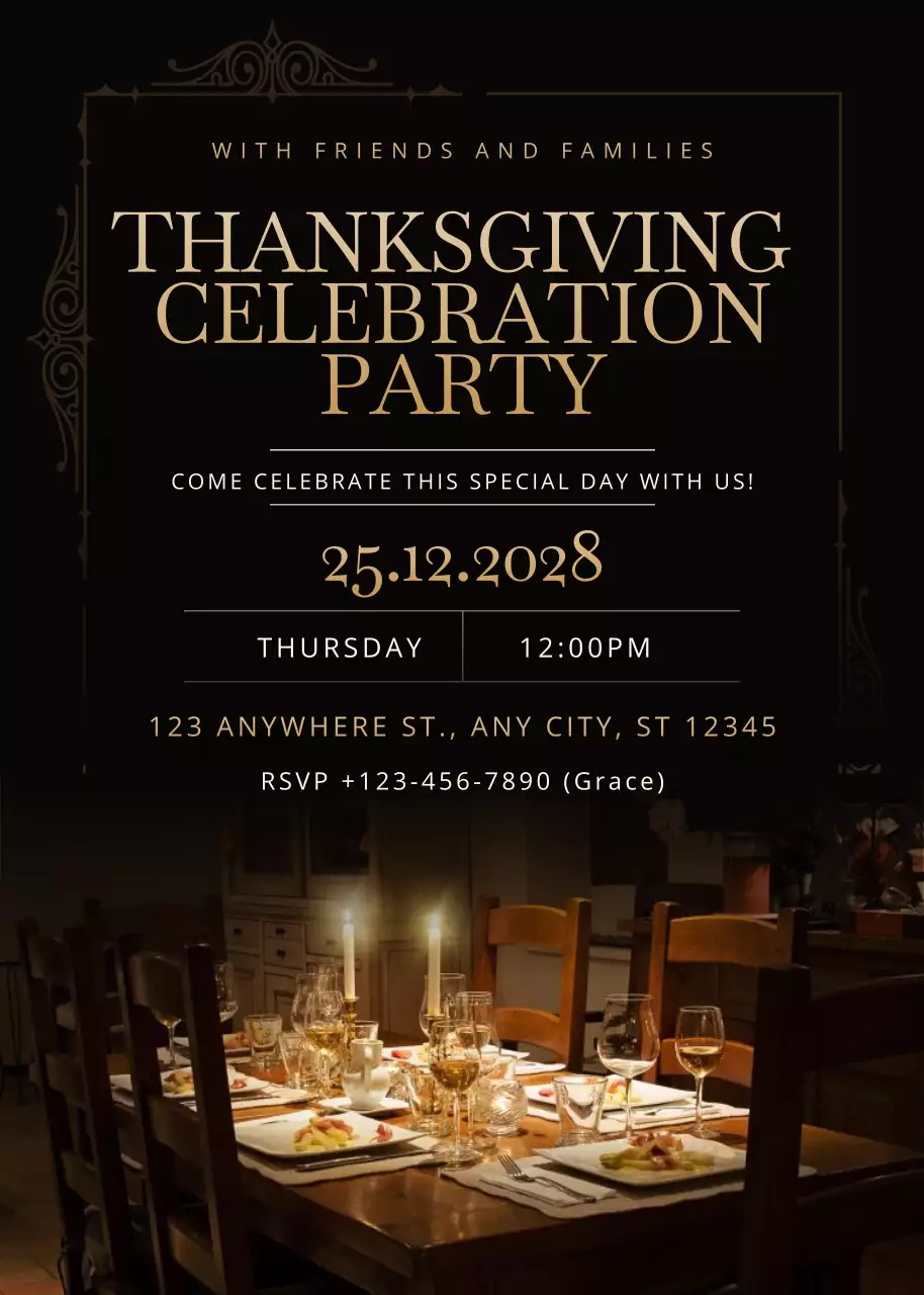 Poster mời Lễ Tạ ơn thanh lịch màu đen