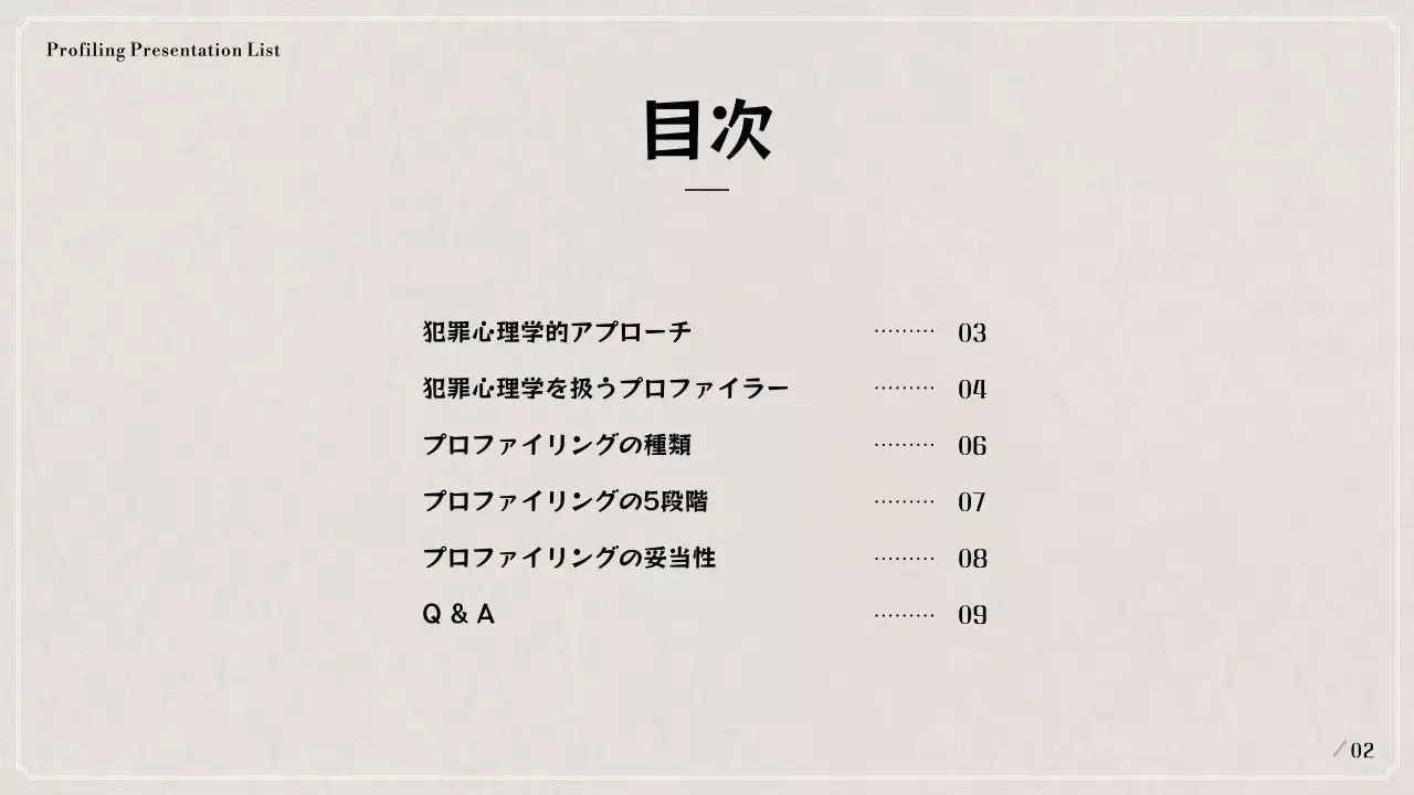 黒とベージュの犯罪心理学のプロファイリング発表