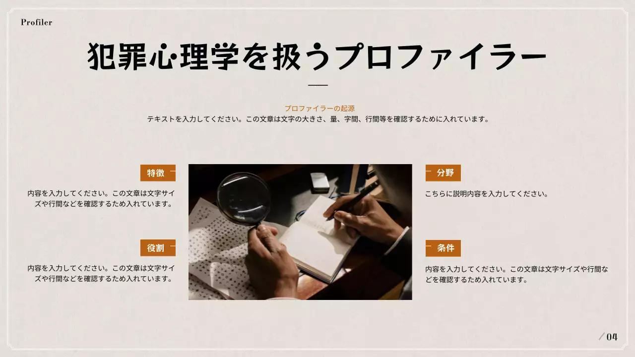 黒とベージュの犯罪心理学のプロファイリング発表