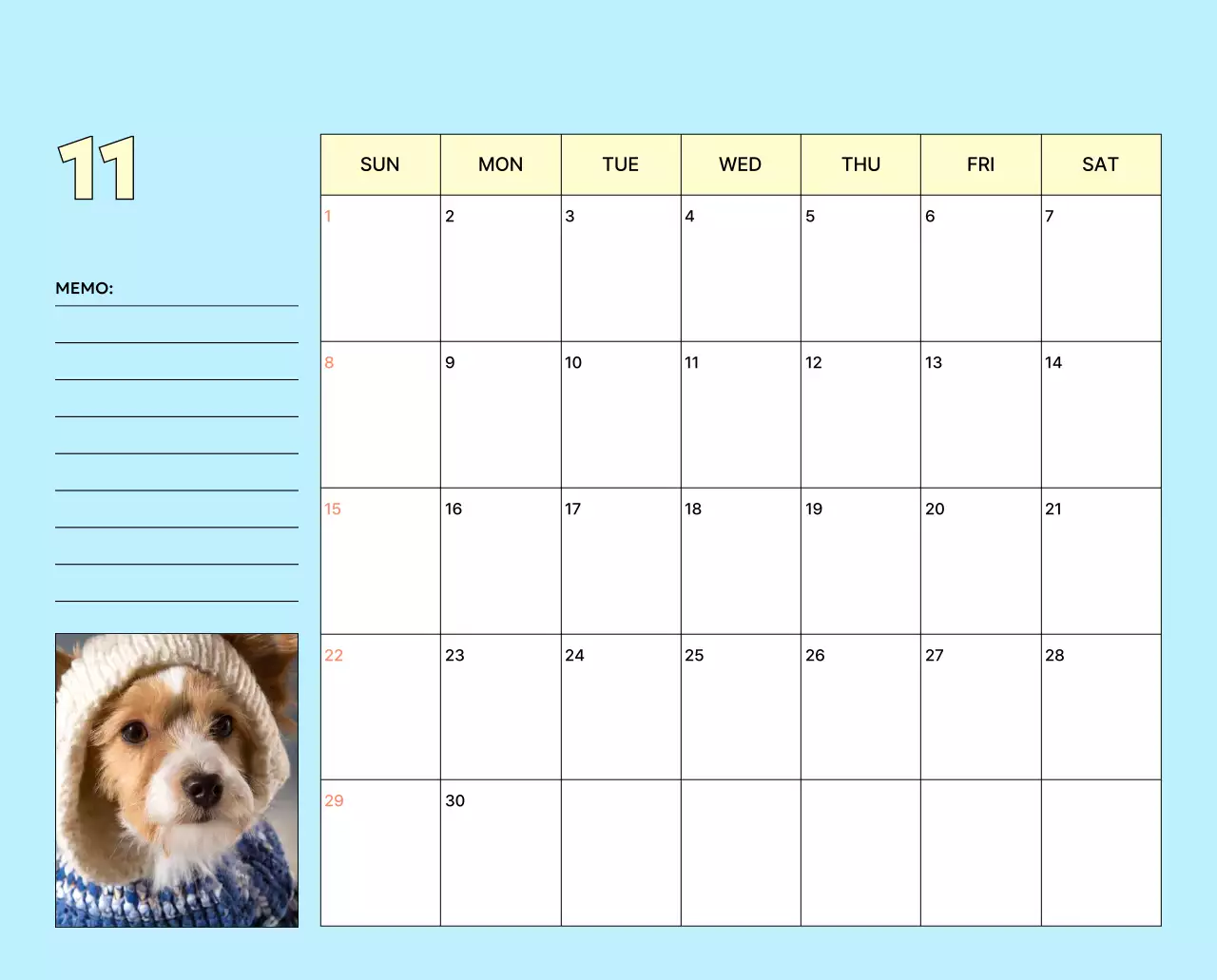 노랑 아기자기한 동물 달력