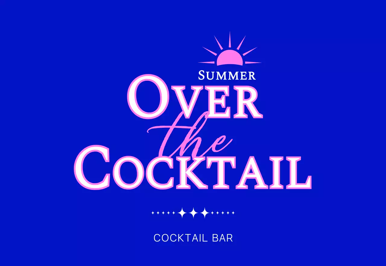 파란색과 핑크색의 태양 일러스트가 있는 칵테일 바 홍보용
